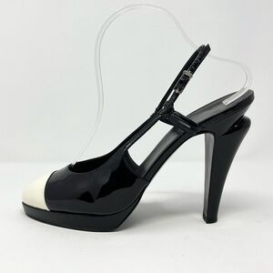 Chanel Black White Patent Leather Cap Toe Two Tone Slingback Heels Pumps 41 10.5